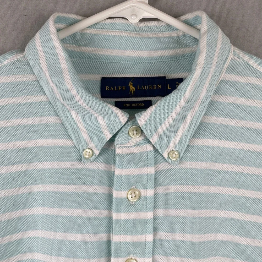 Ralph Lauren Knit Oxford Polo Button Shirt Men L Green Striped Cotton Preppy EUC